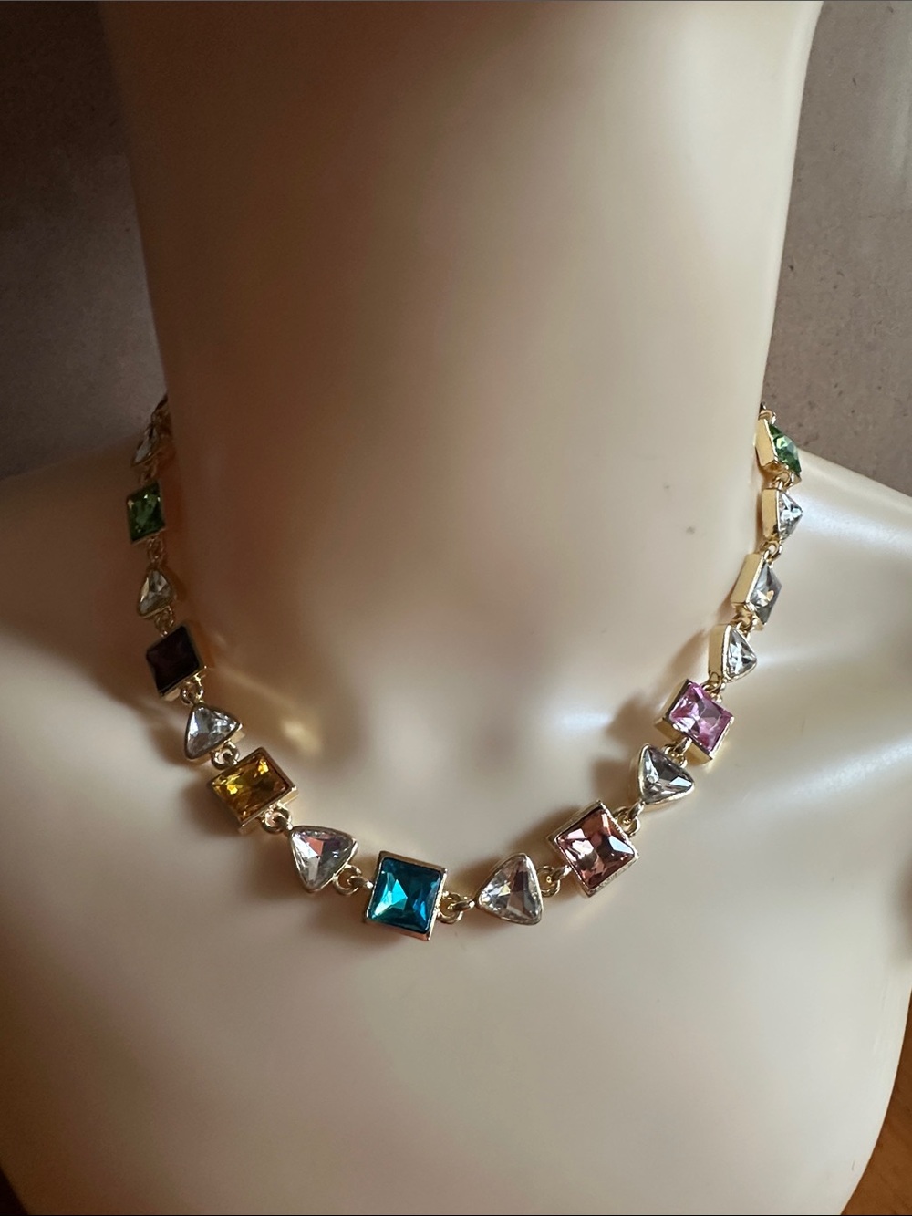 Multicolor Crystal Link Necklace - Gold Tone